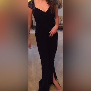Size 4 Mignon beaded shoulders only silky gown navy blue. Paid $350; asking $45
